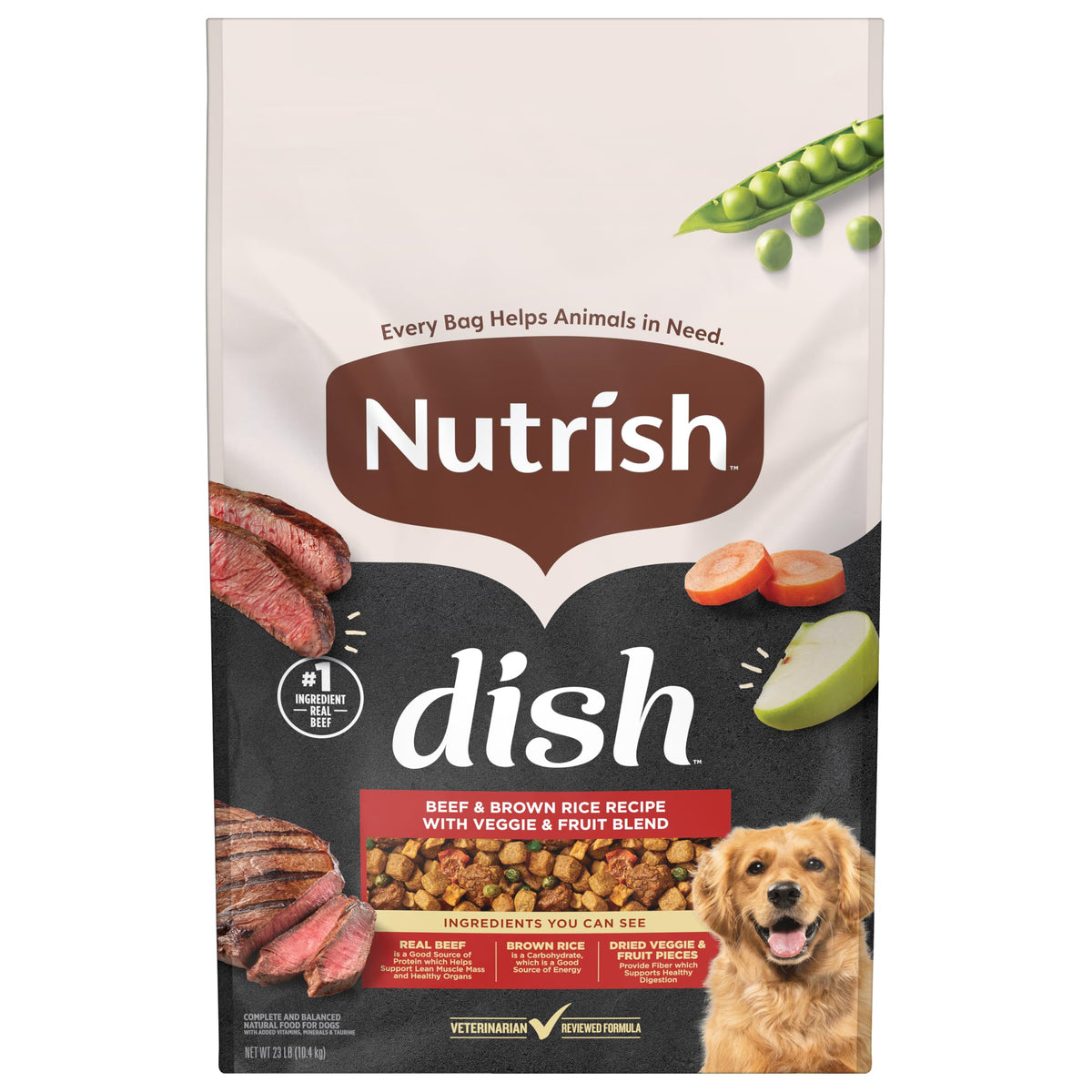 Nutrish Dish shows beef as the first ingredient for protein-rich nutrition.
