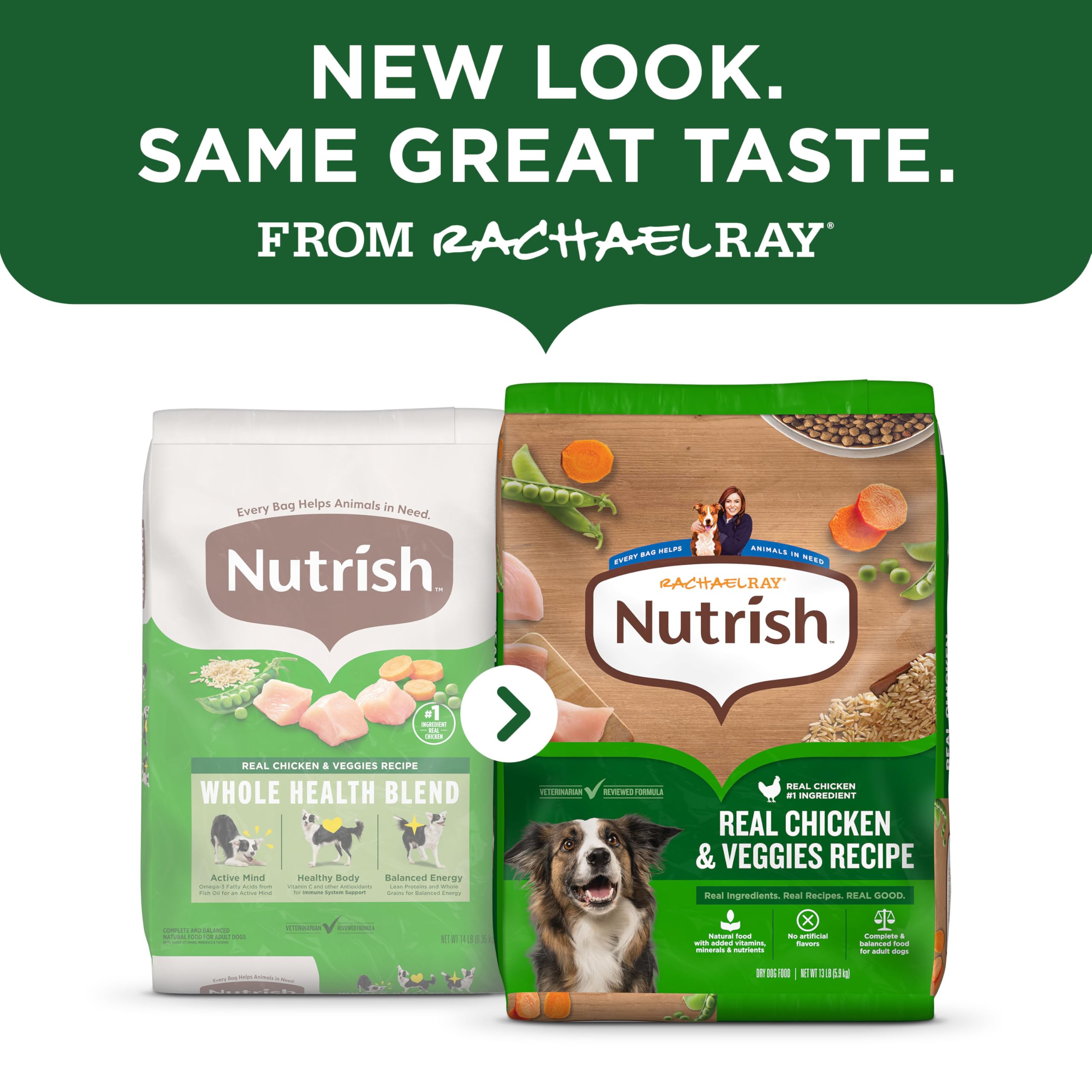 Nutrish Rachael Ray real chicken ingredient close-up highlights high-quality protein.