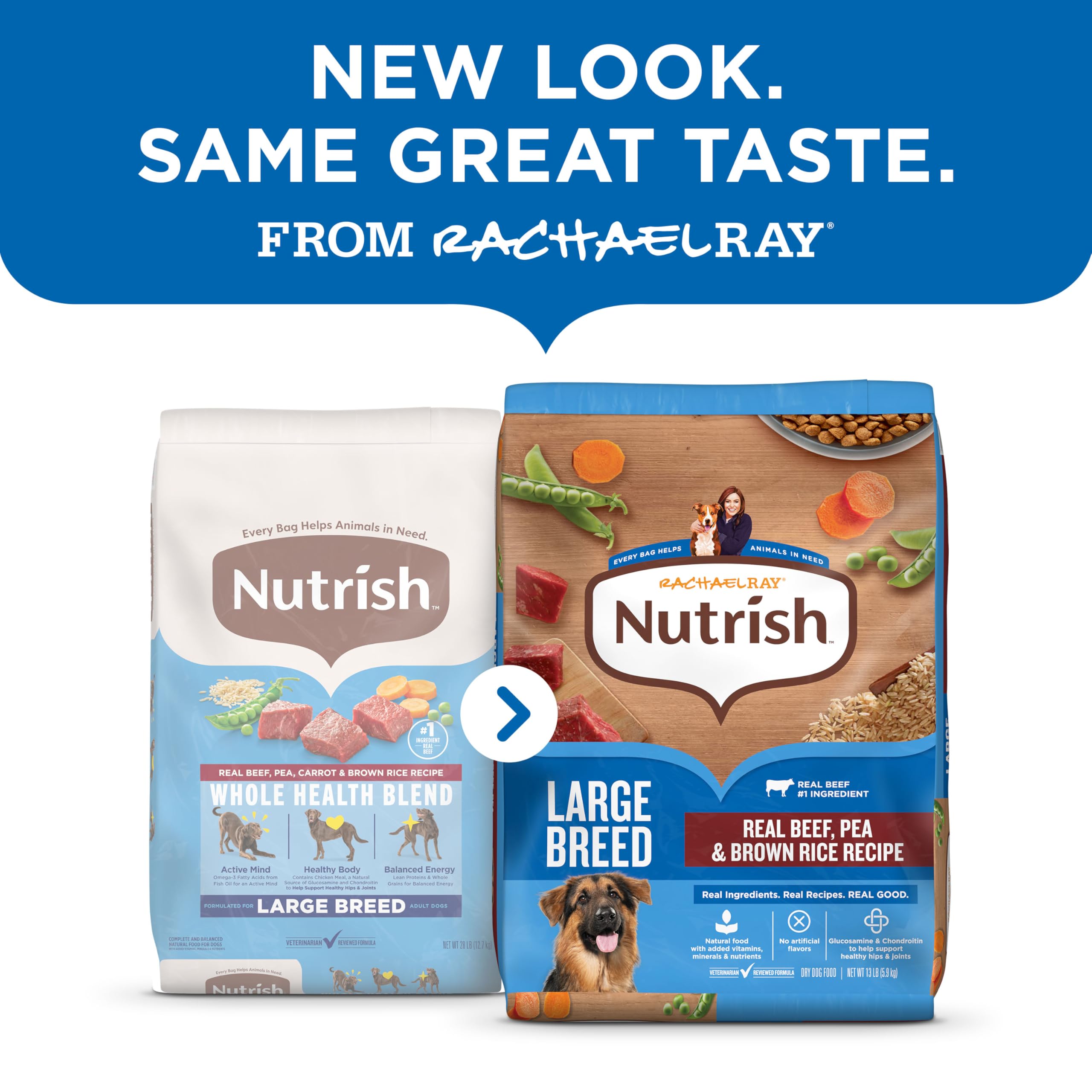 Nutrish Rachael Ray large-breed beef kibble close-up highlighting hearty texture