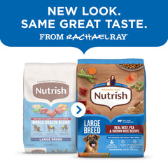 Nutrish Rachael Ray large-breed beef kibble close-up highlighting hearty texture