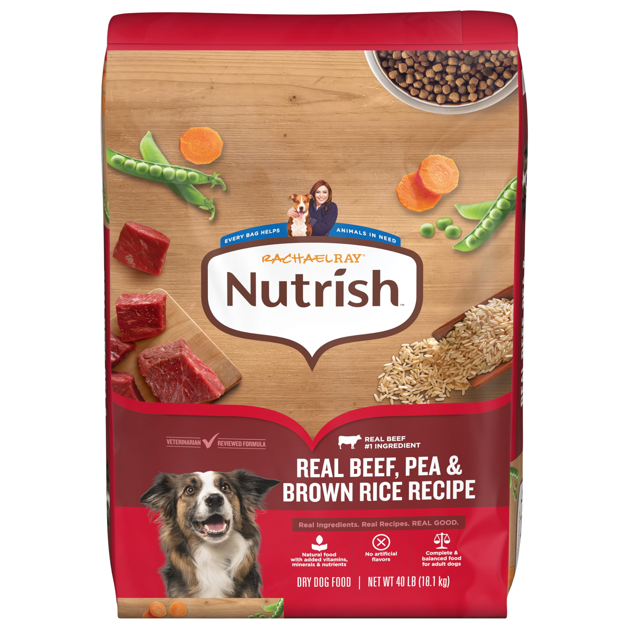 Nutrish Rachael Ray Real Beef dry dog food bag front showing 40 lb packaging for adults