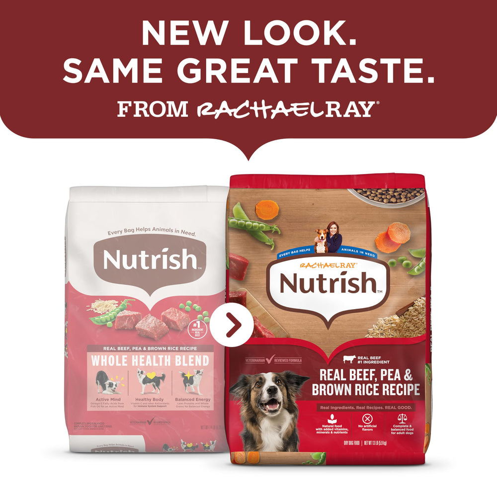 Nutrish Rachael Ray Real Beef dry dog food bowl with kibble ready for mealtime