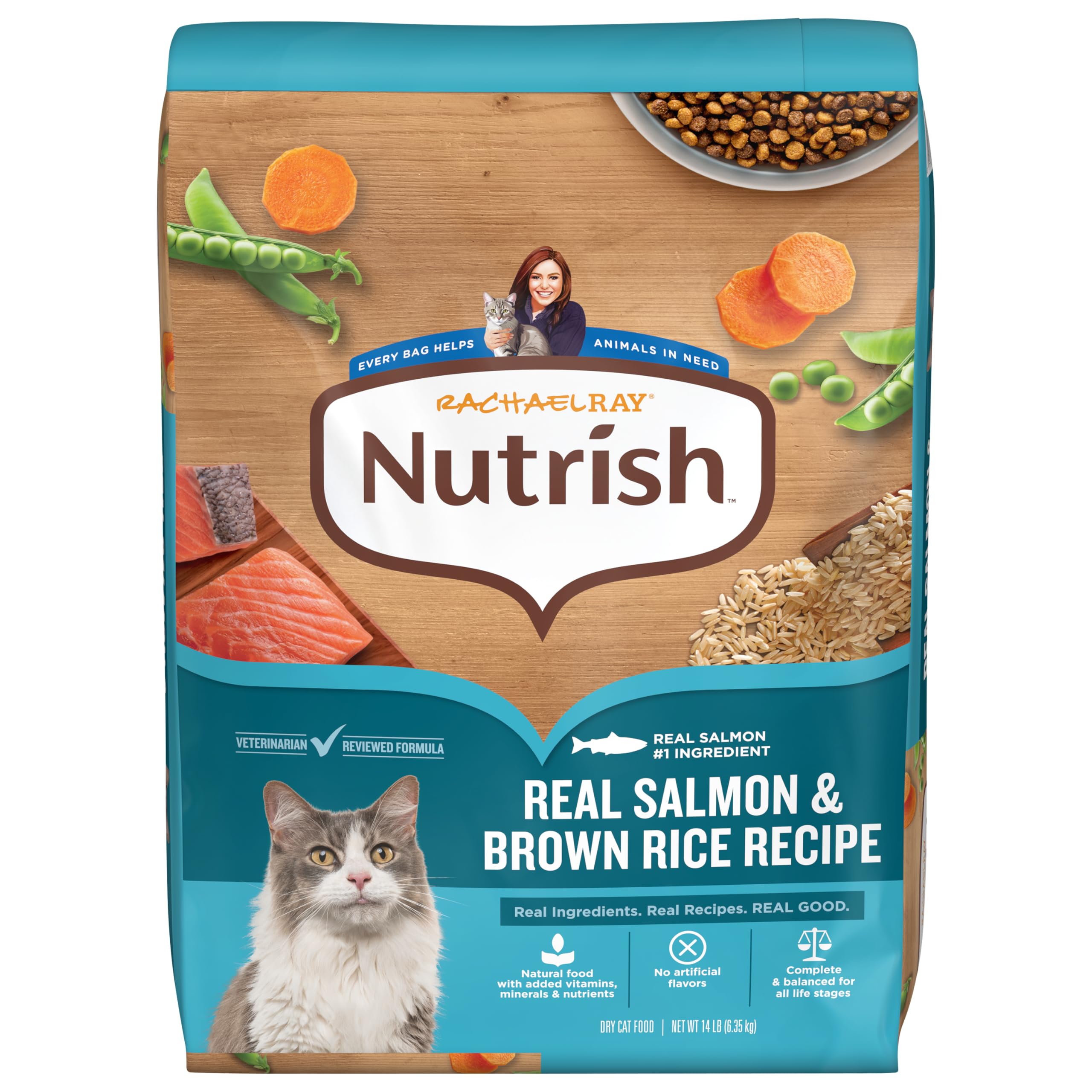 Nutrish Rachael Ray salmon brown rice dry cat food bag front, supports everyday nourishment