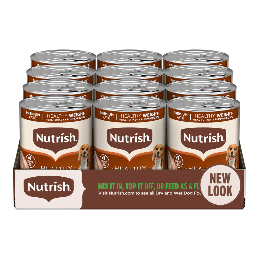 Nutrish Rachael Ray Weight Management Wet Dog Food can close-up showing turkey and pumpkin benefits