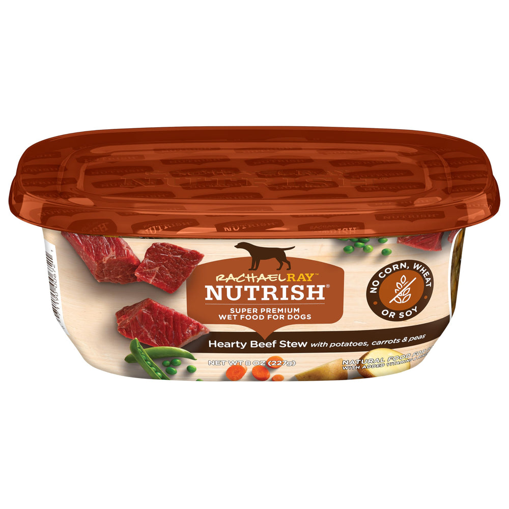 Beef-stew chunks with vegetables highlight hearty texture for dog meals