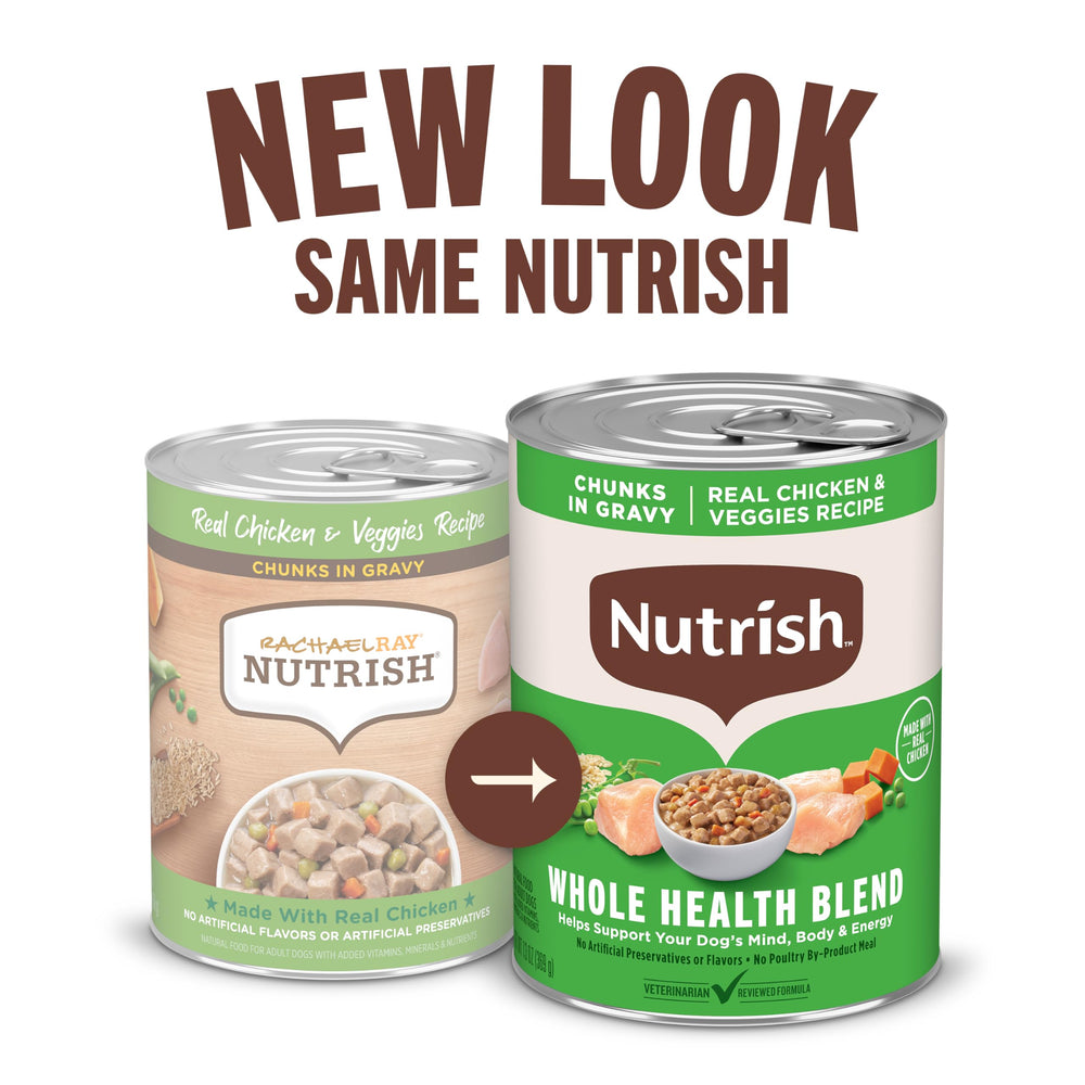 Nutrish Rachael Ray wet dog food shows visible chicken and veggie chunks in gravy