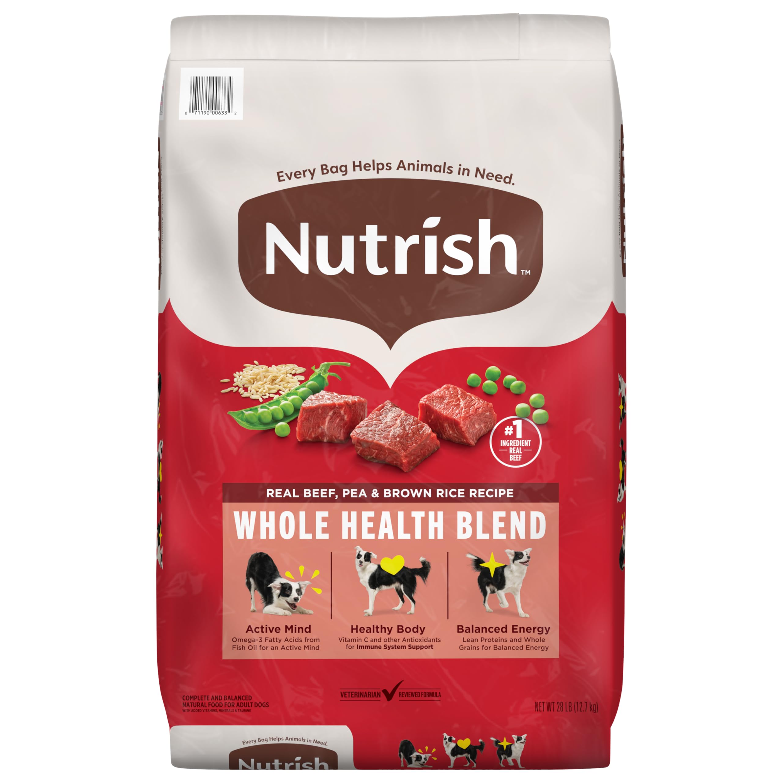 Nutrish Real Beef dry dog food bag front with first-ingredient beef for lean muscles