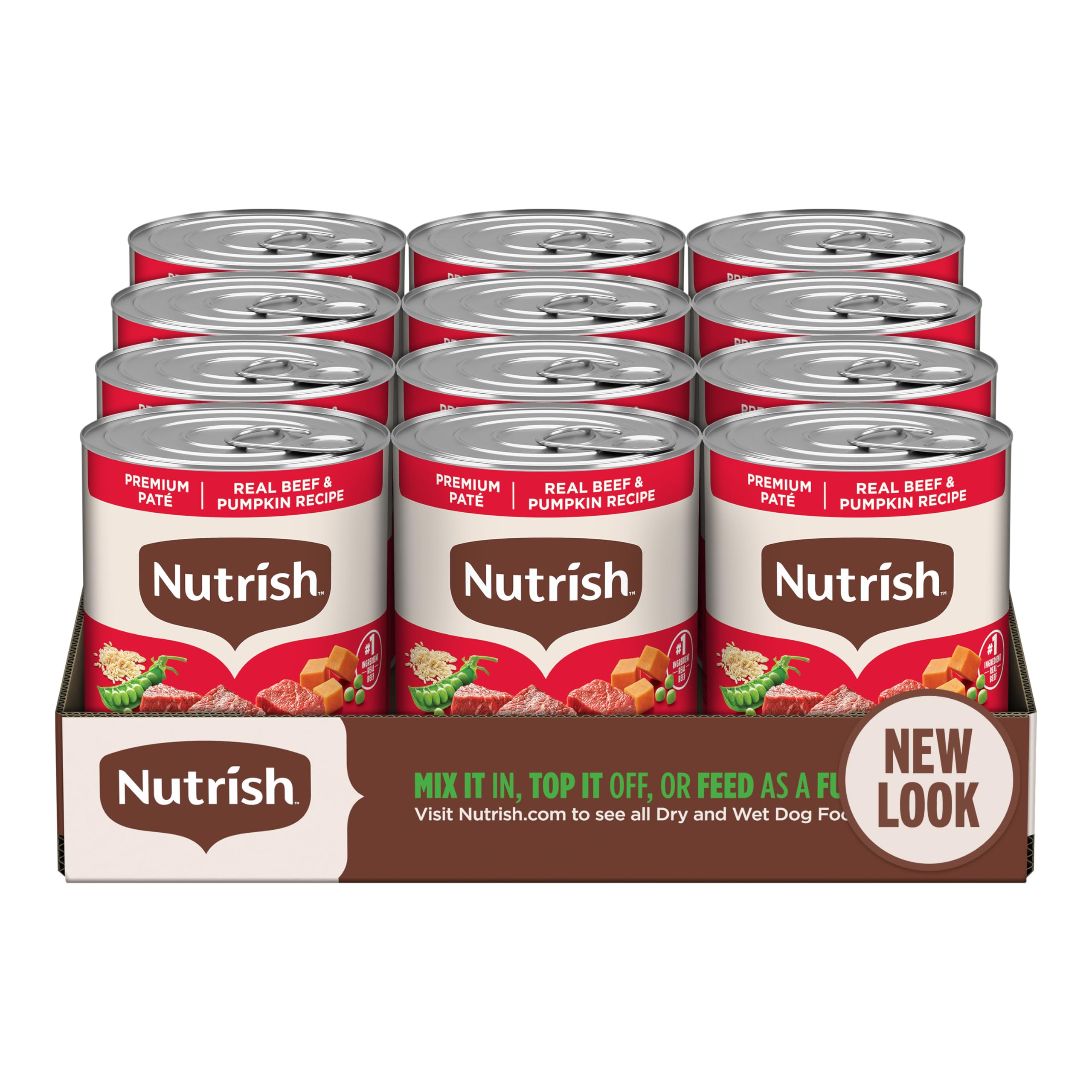 Nutrish Real Beef & Pumpkin Pate cans show real beef and pumpkin for lean protein.