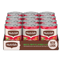 Nutrish Real Beef & Pumpkin Pate cans show real beef and pumpkin for lean protein.