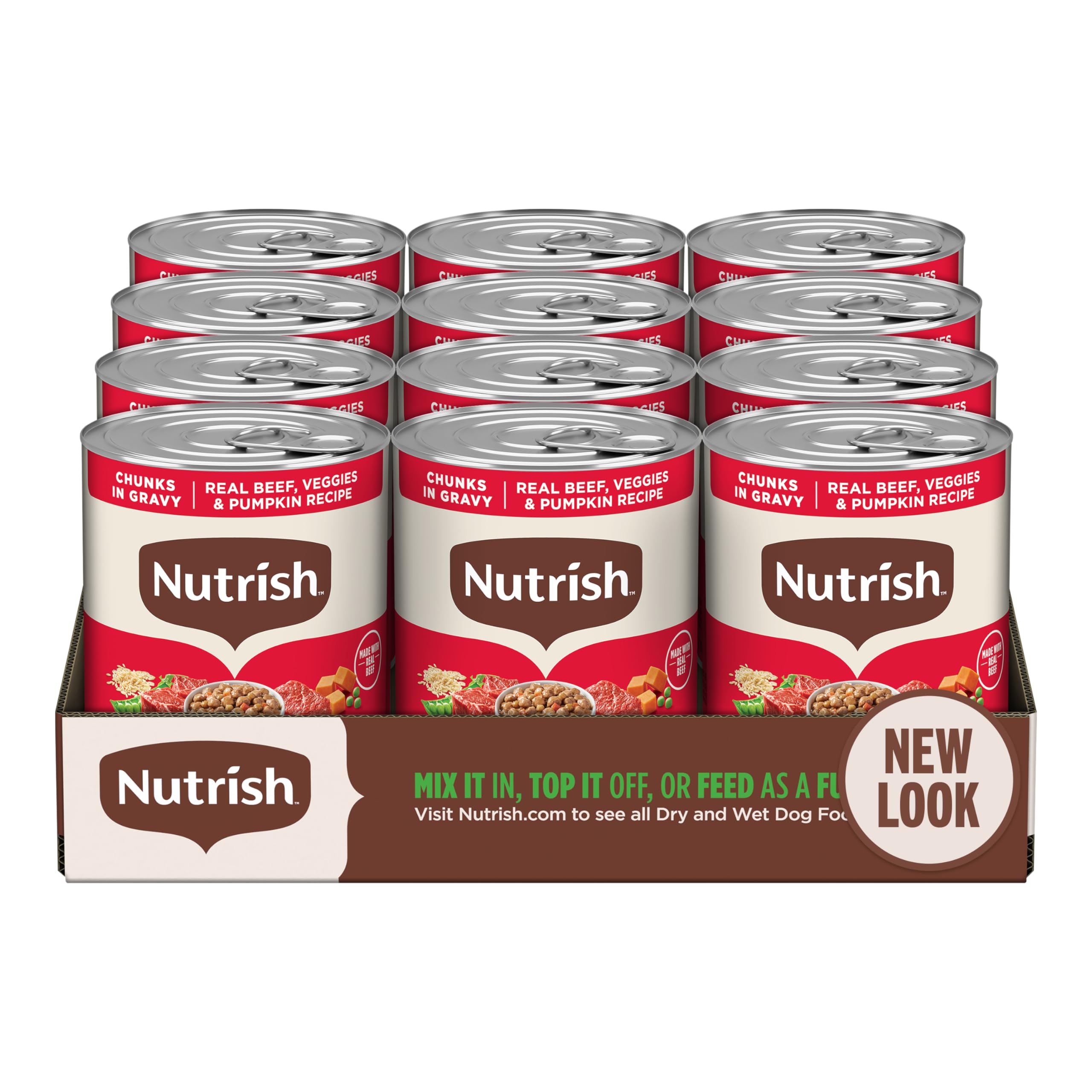 Nutrish Real Beef & Veggies chunks in gravy close view with real beef and vegetables