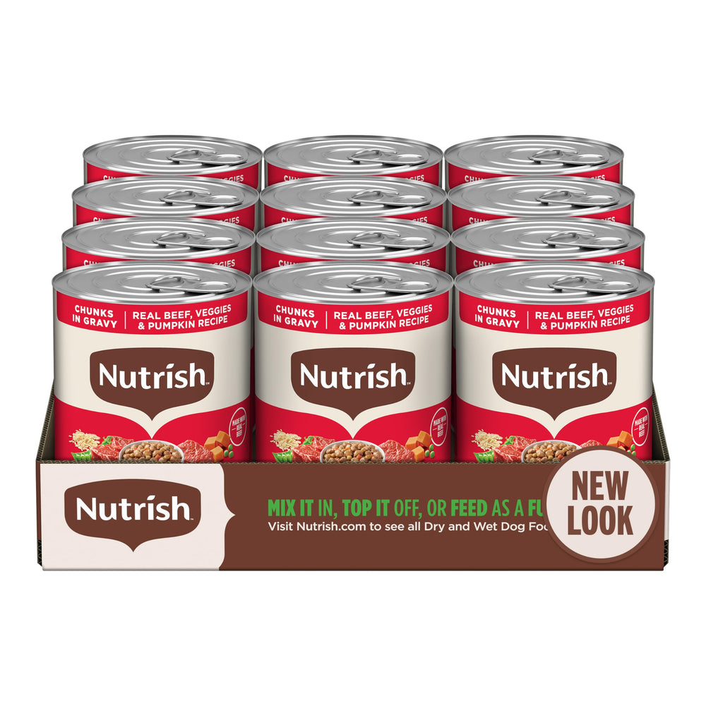 Nutrish Real Beef & Veggies chunks in gravy close view with real beef and vegetables
