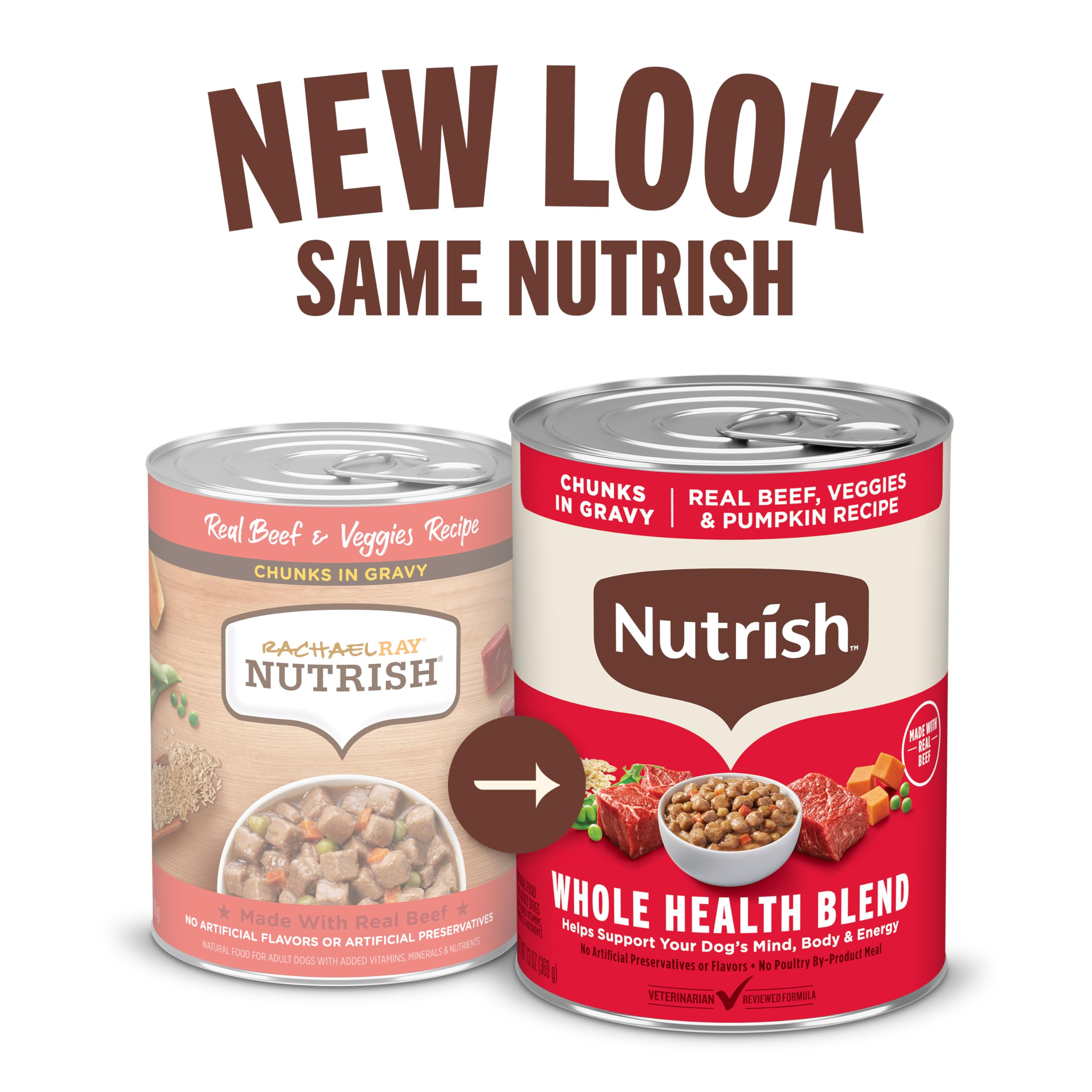 Nutrish Real Beef & Veggies recipe can close-up showing beef and pumpkin for flavor