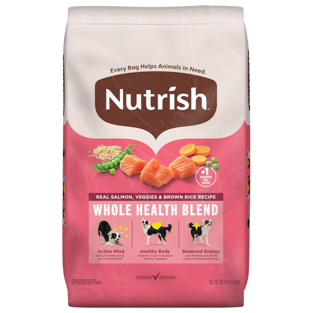 Nutrish Salmon Dry Dog Food 26-pound bag highlights premium protein for lean muscles.