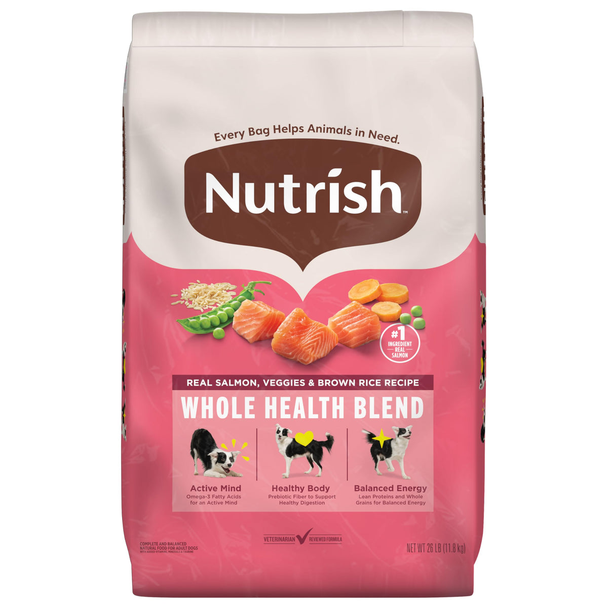 Nutrish Salmon Dry Dog Food 26-pound bag highlights premium protein for lean muscles.