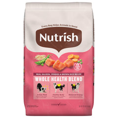 Nutrish Salmon Dry Dog Food 26-pound bag highlights premium protein for lean muscles.
