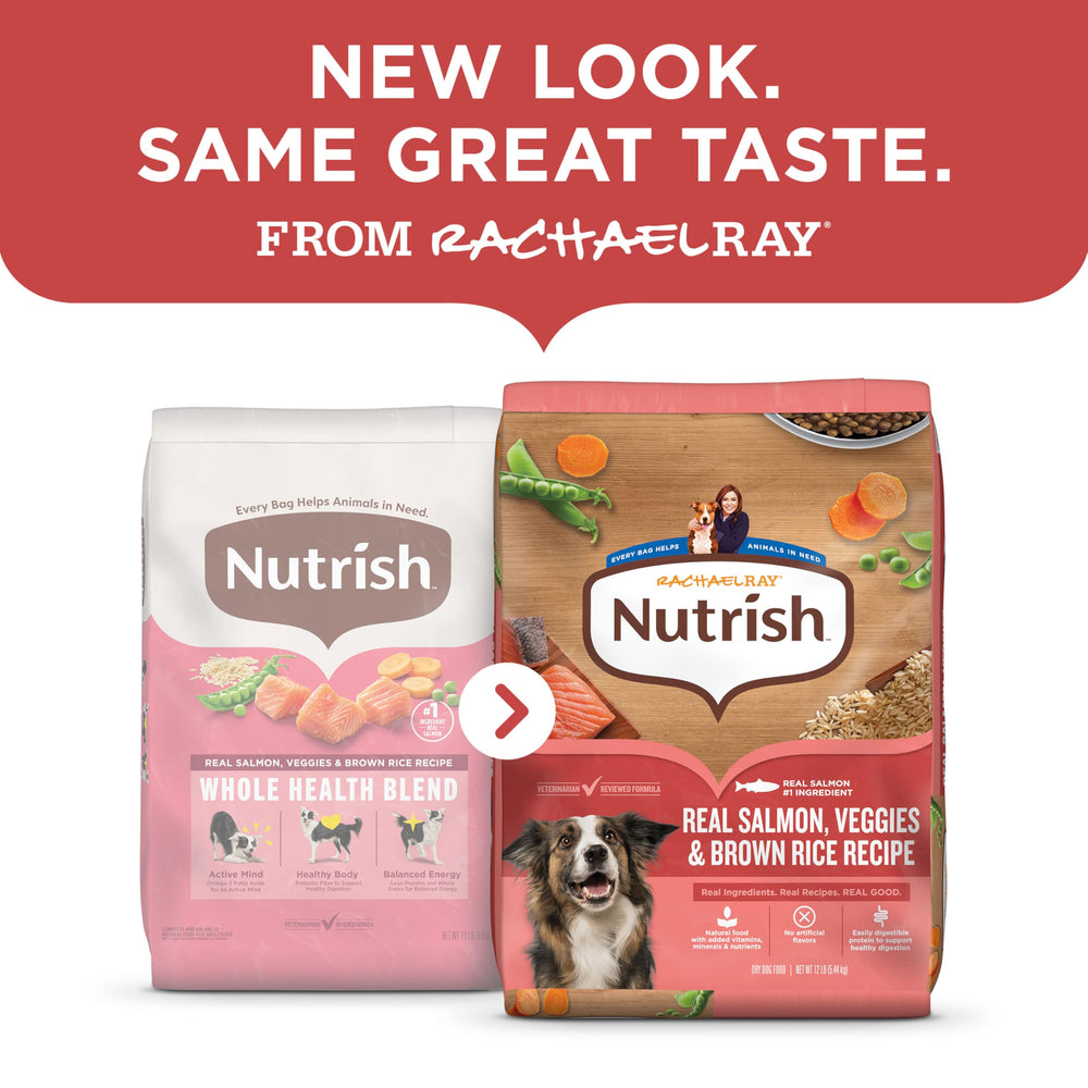 Nutrish Salmon Dry Dog Food close-up shows real salmon as the main protein.