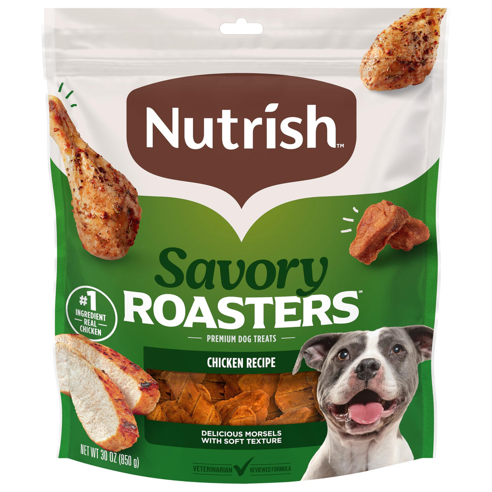 Nutrish Savory Roasters bag front shows real chicken as the #1 ingredient