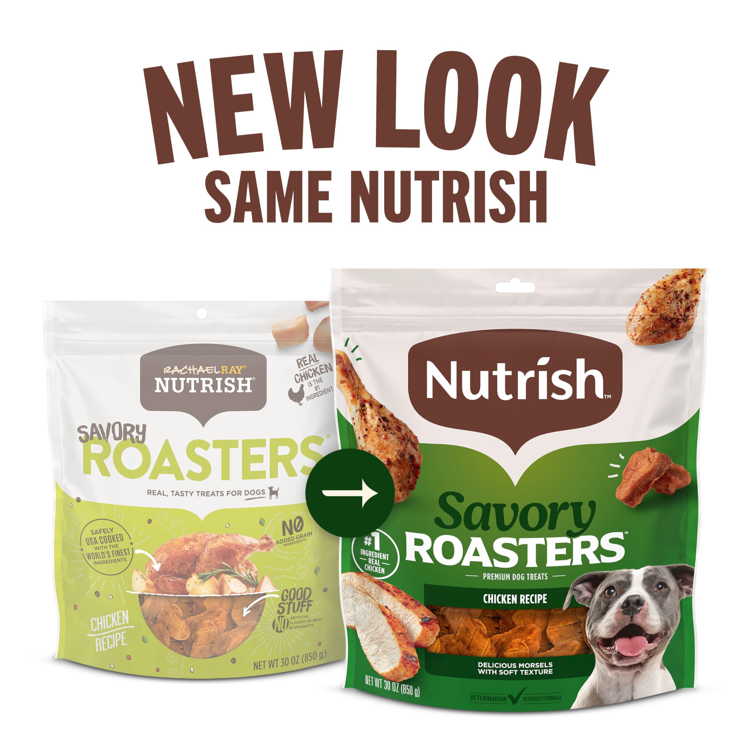 Nutrish Savory Roasters chicken 30oz bag open, soft treats ready for chewing