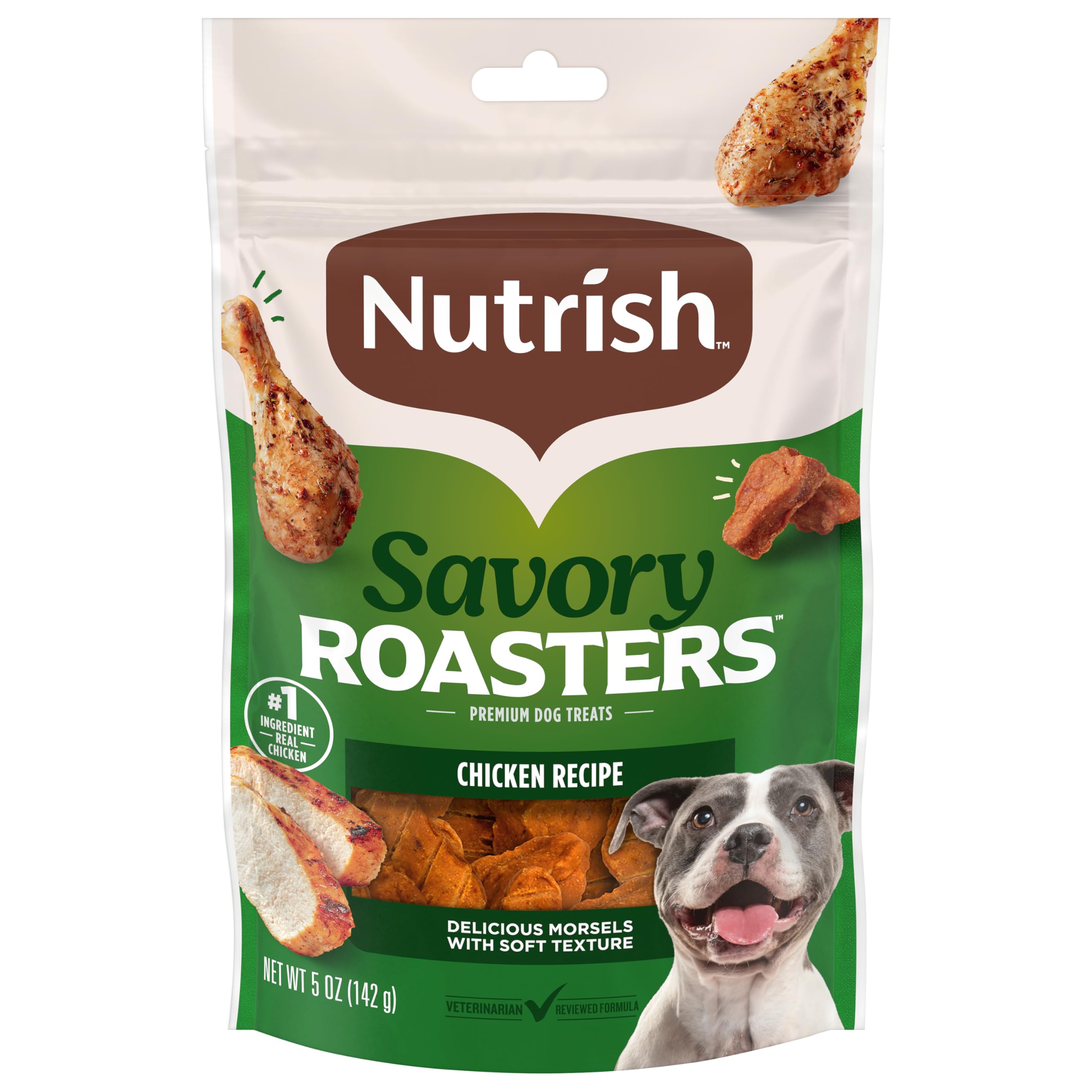 Nutrish Savory Roasters pouch showing real chicken as star ingredient.
