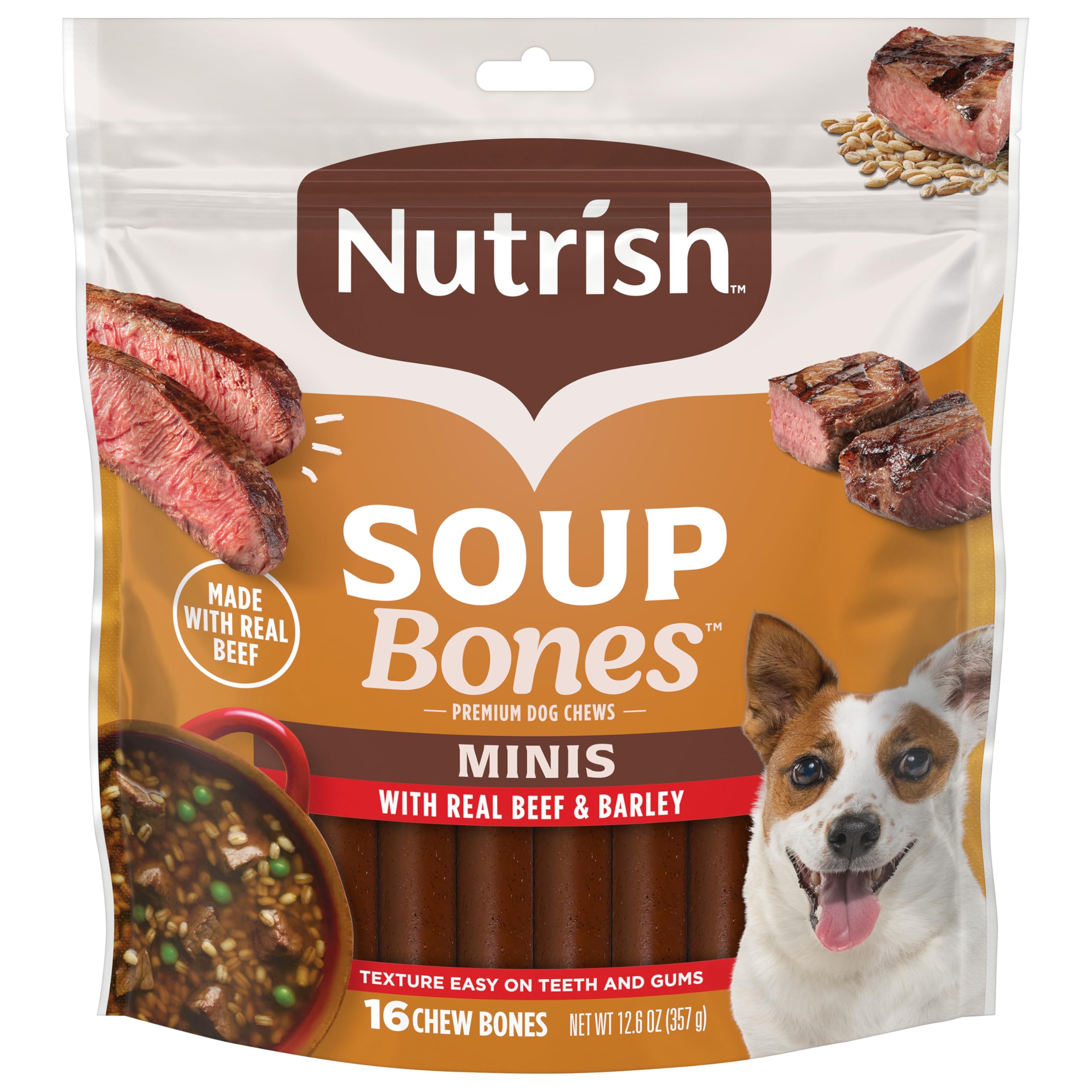 Nutrish Soup Bones Minis bag closeup highlights resealable packaging for freshness.