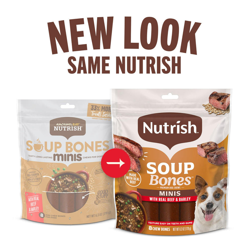 Nutrish Soup Bones Minis real beef chunks emphasize savory taste your dog enjoys.