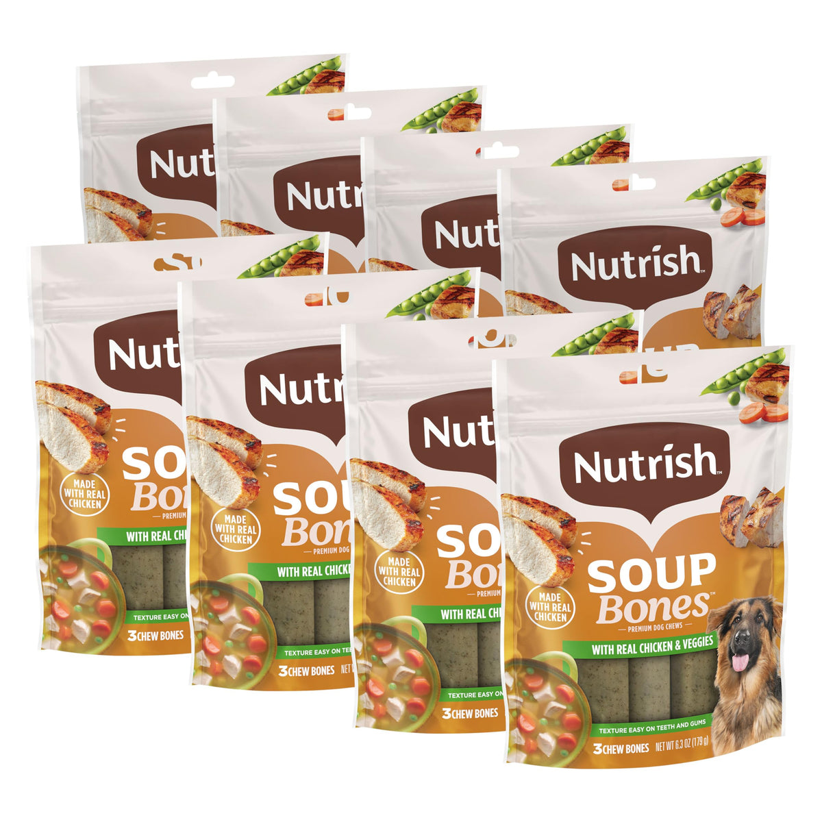 Nutrish Soup Bones pack8 full bag for convenient storage and long-lasting treats.