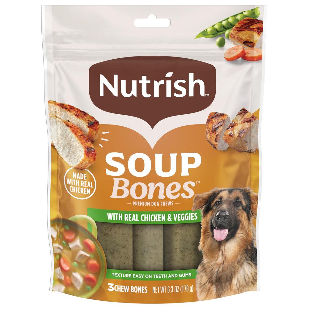 Nutrish Soup Bones real chicken and vegetables visible for a tasty chew.