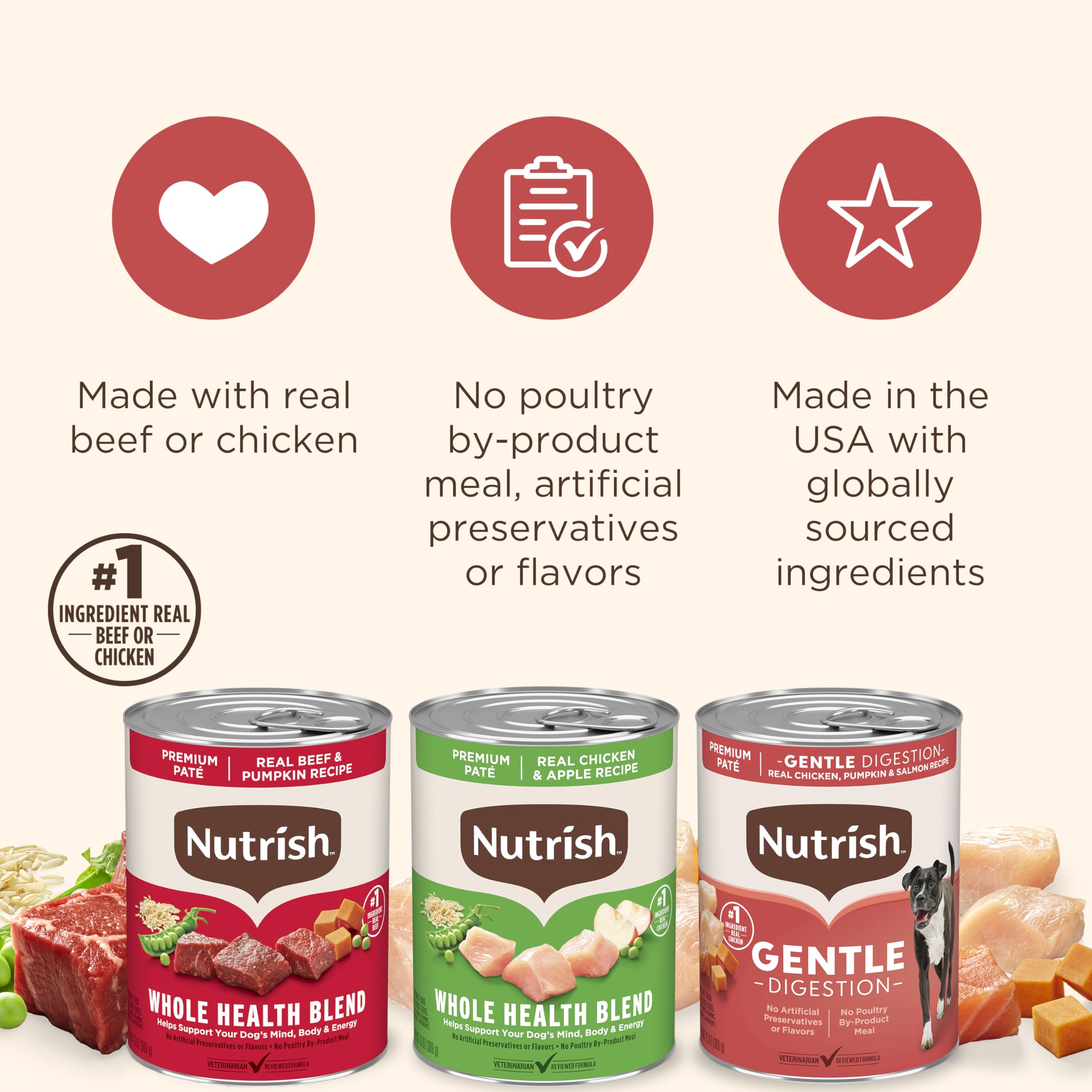 Nutrish twelve-pack wet dog food display highlights value.