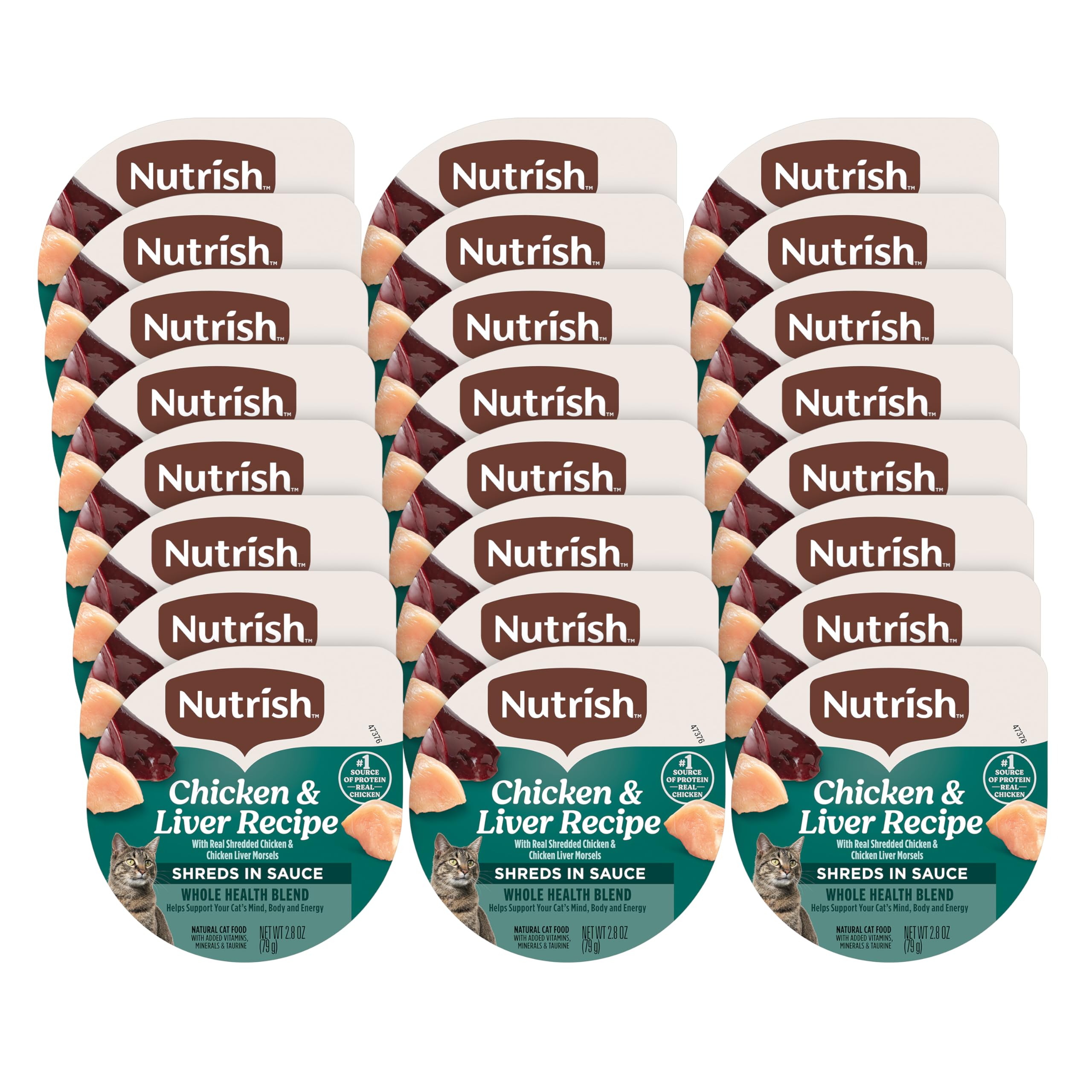 Nutrish wet cat food tub with real shredded chicken and liver morsels in sauce.