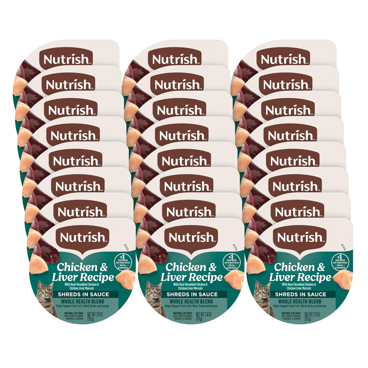 Nutrish wet cat food tub with real shredded chicken and liver morsels in sauce.