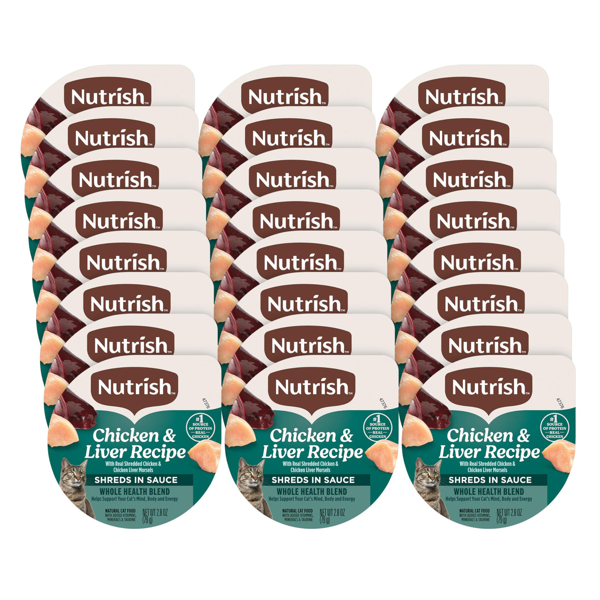 Nutrish wet cat food tub with real shredded chicken and liver morsels in sauce.