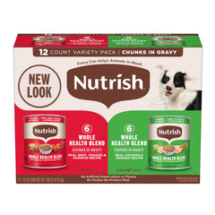 Nutrish Whole Health Blend variety-pack cans with real chicken in savory gravy.