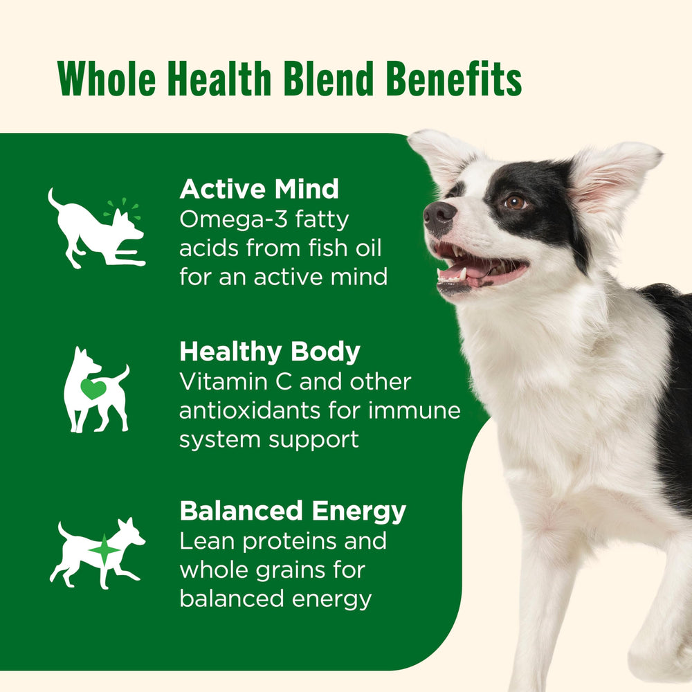 Whole Health Blend packaging highlighting premium dry dog food