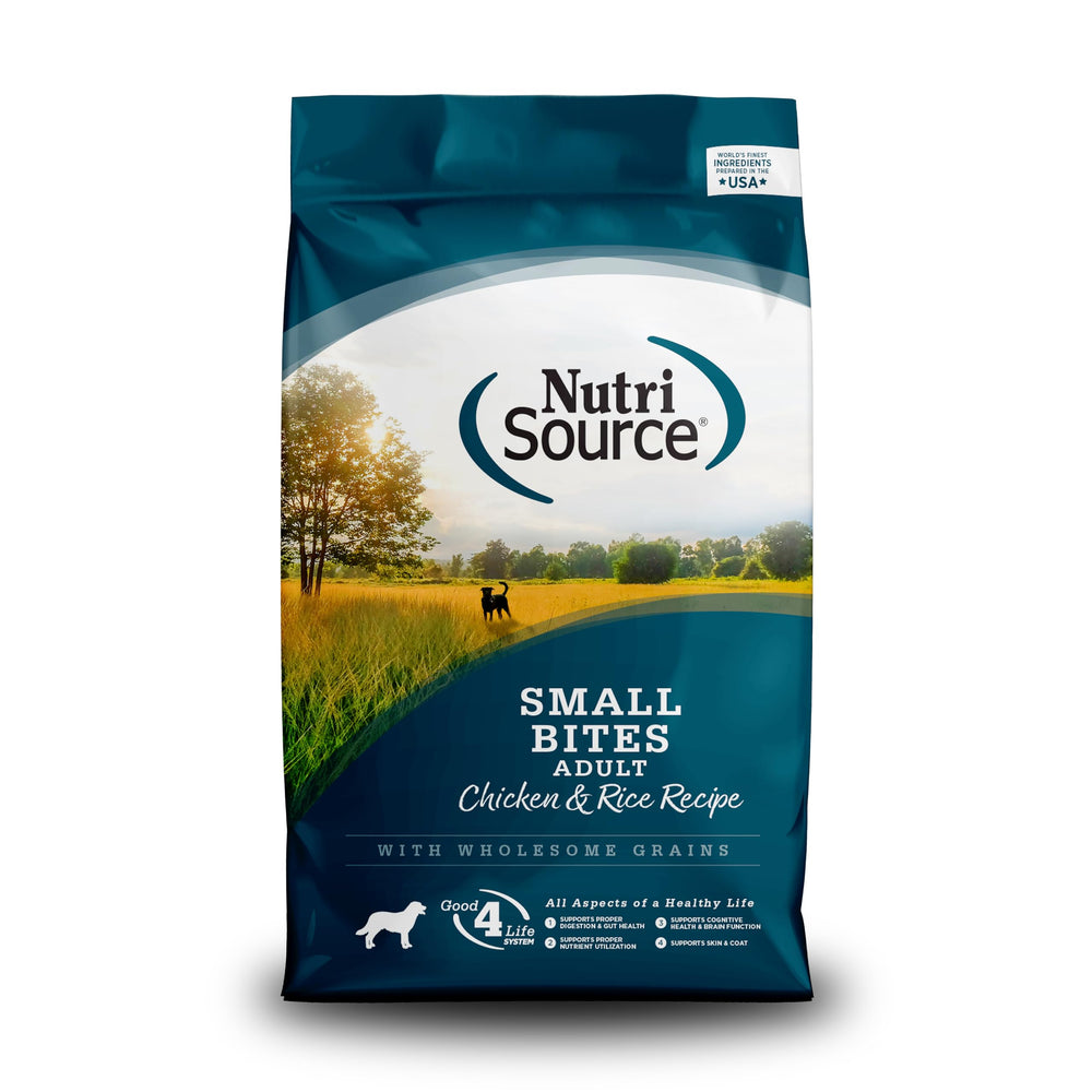 NutriSource adult dry dog food small bites bag of chicken and rice for balanced nutrition