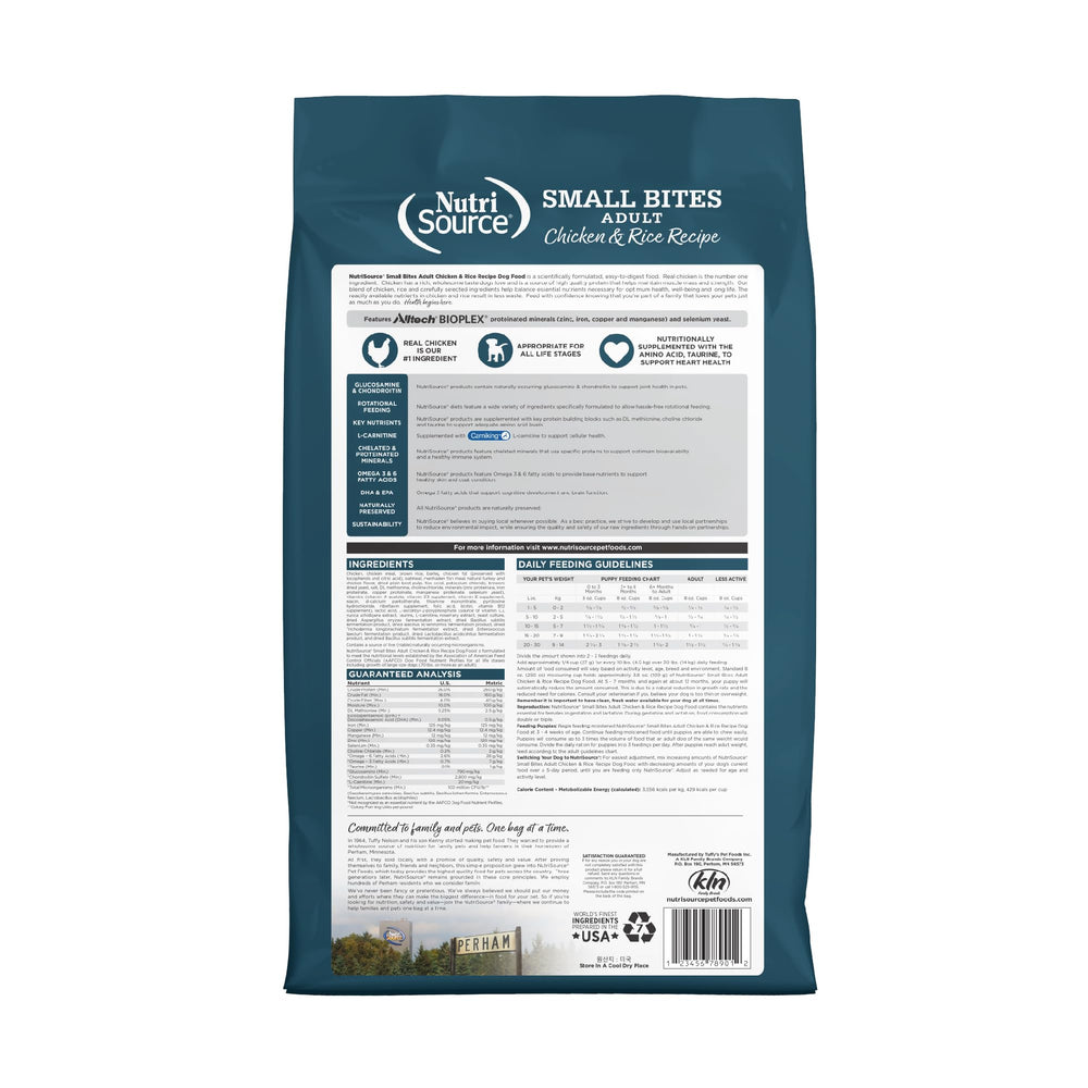 NutriSource Small Bites kibble close-up showing crisp texture dogs enjoy at mealtime