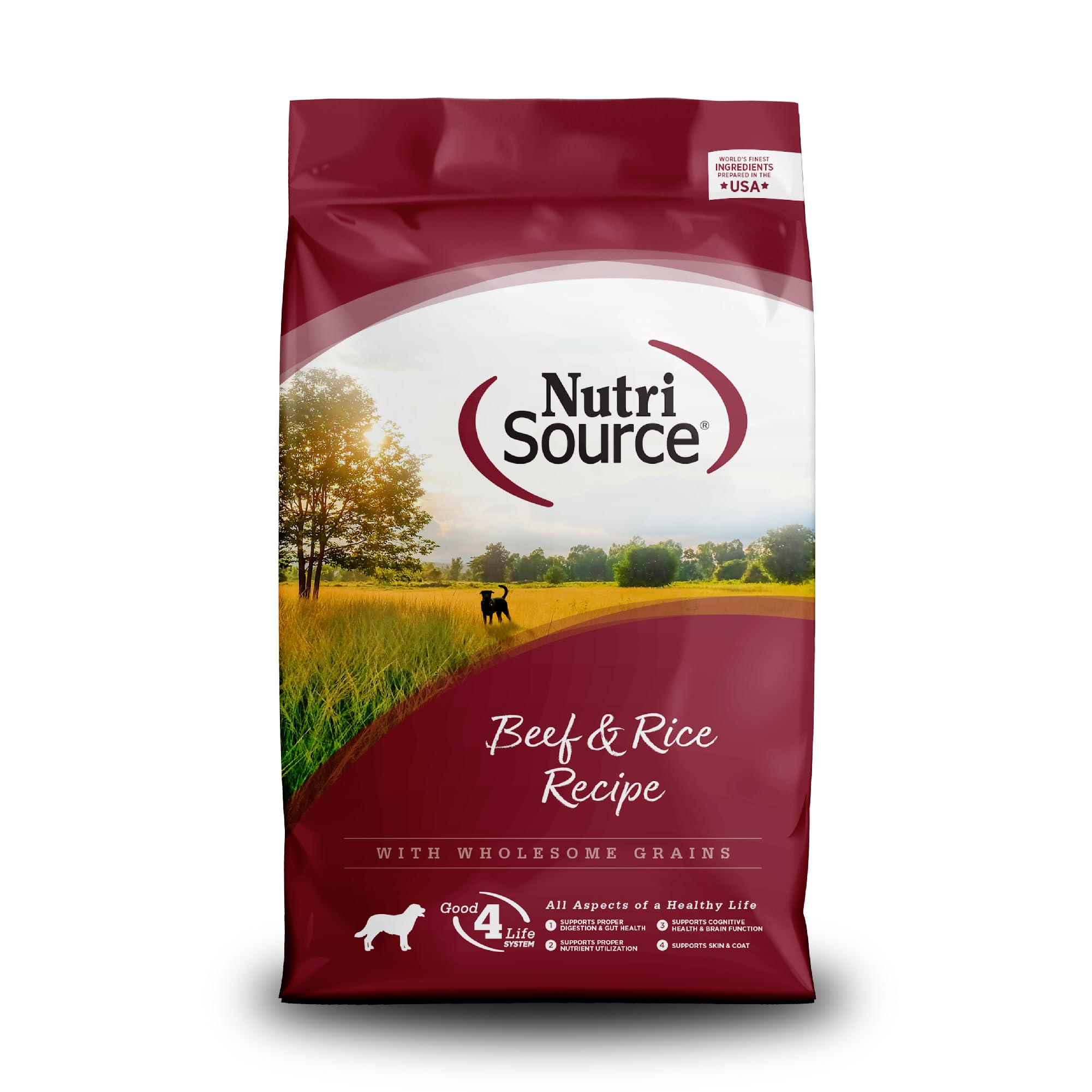 NutriSource Beef and Rice dry dog food bag front, signals nutrition for all life stages.