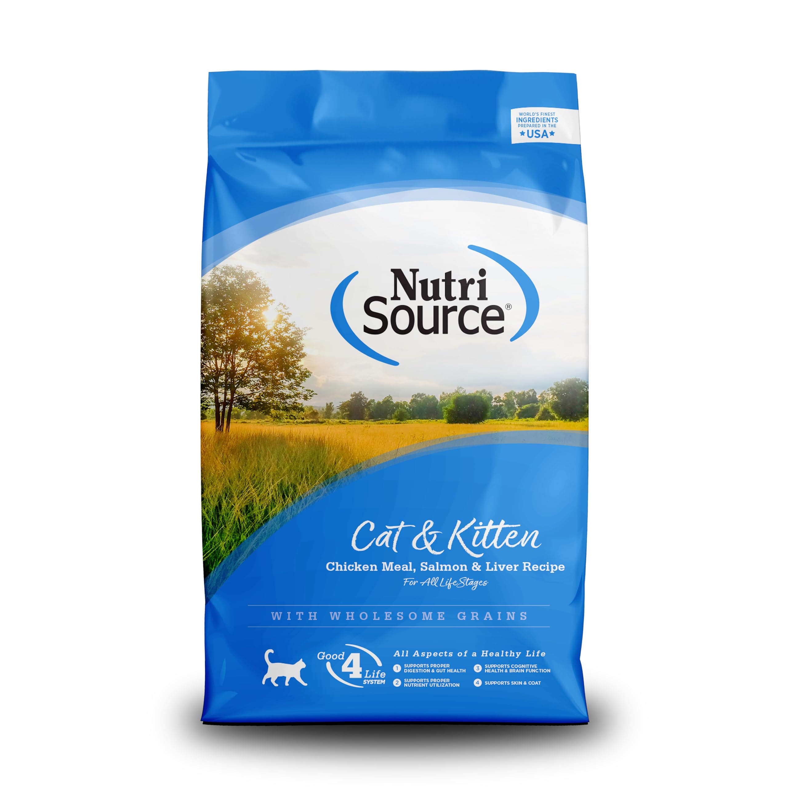NutriSource Cat & Kitten Food 12lb bag front showing a grain-inclusive recipe for growing cats.