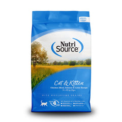 NutriSource Cat & Kitten Food 12lb bag front showing a grain-inclusive recipe for growing cats.