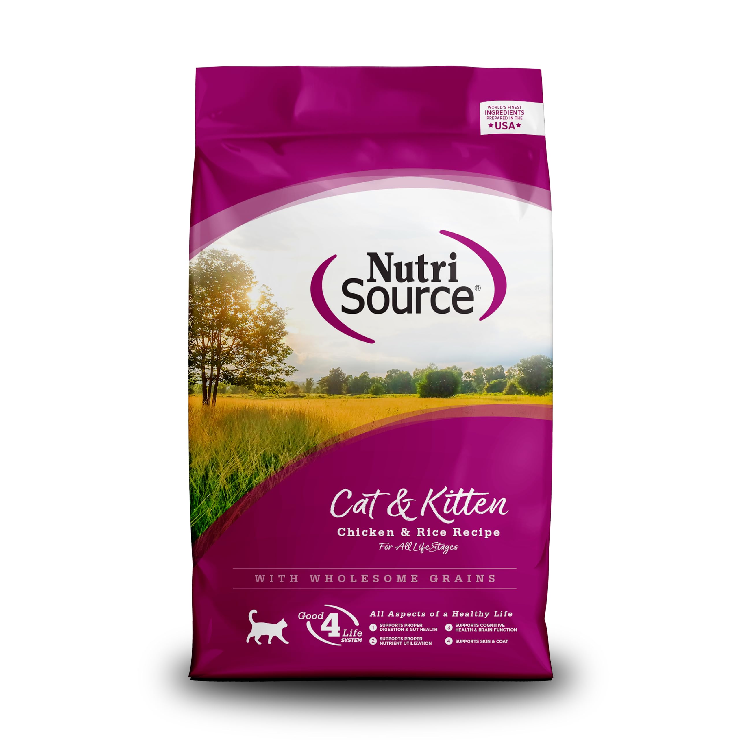 NutriSource cat-kitten food chicken-rice 12lb bag highlights balanced nutrition for growth.