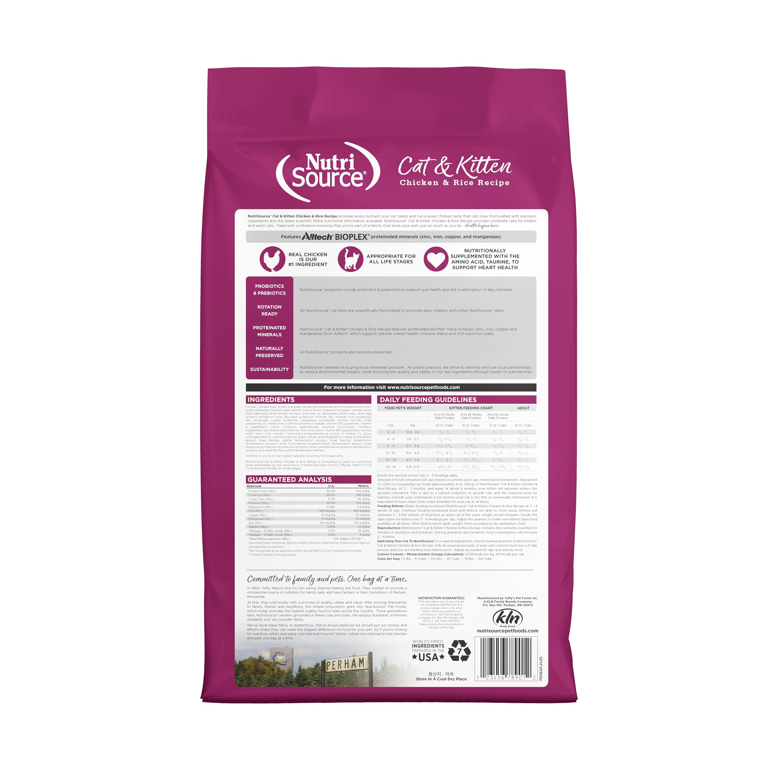 NutriSource cat-kitten bag label closeup emphasizes protein and grain-inclusive options.