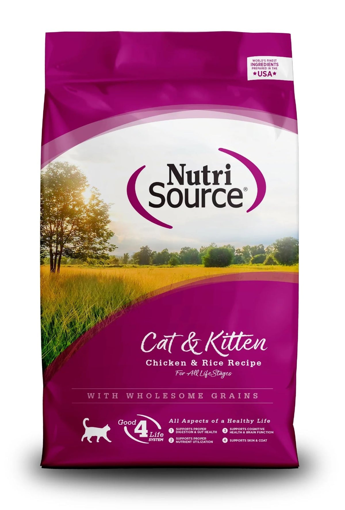 NutriSource Cat & Kitten Food chicken and rice 4lb bag close-up showing kibble texture