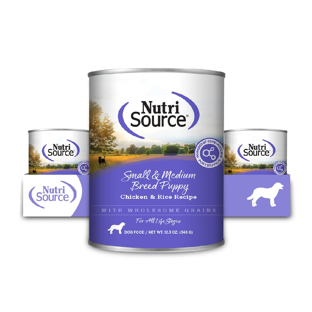 NutriSource Chicken & Rice puppy wet food pack for small and medium breeds, premium nutrition.