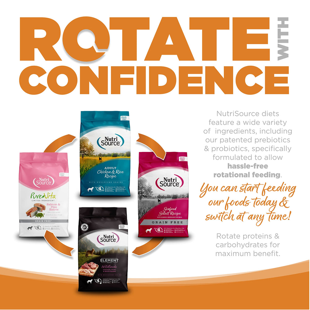 NutriSource nutrition label closeup noting prebiotics and probiotics for gut balance.