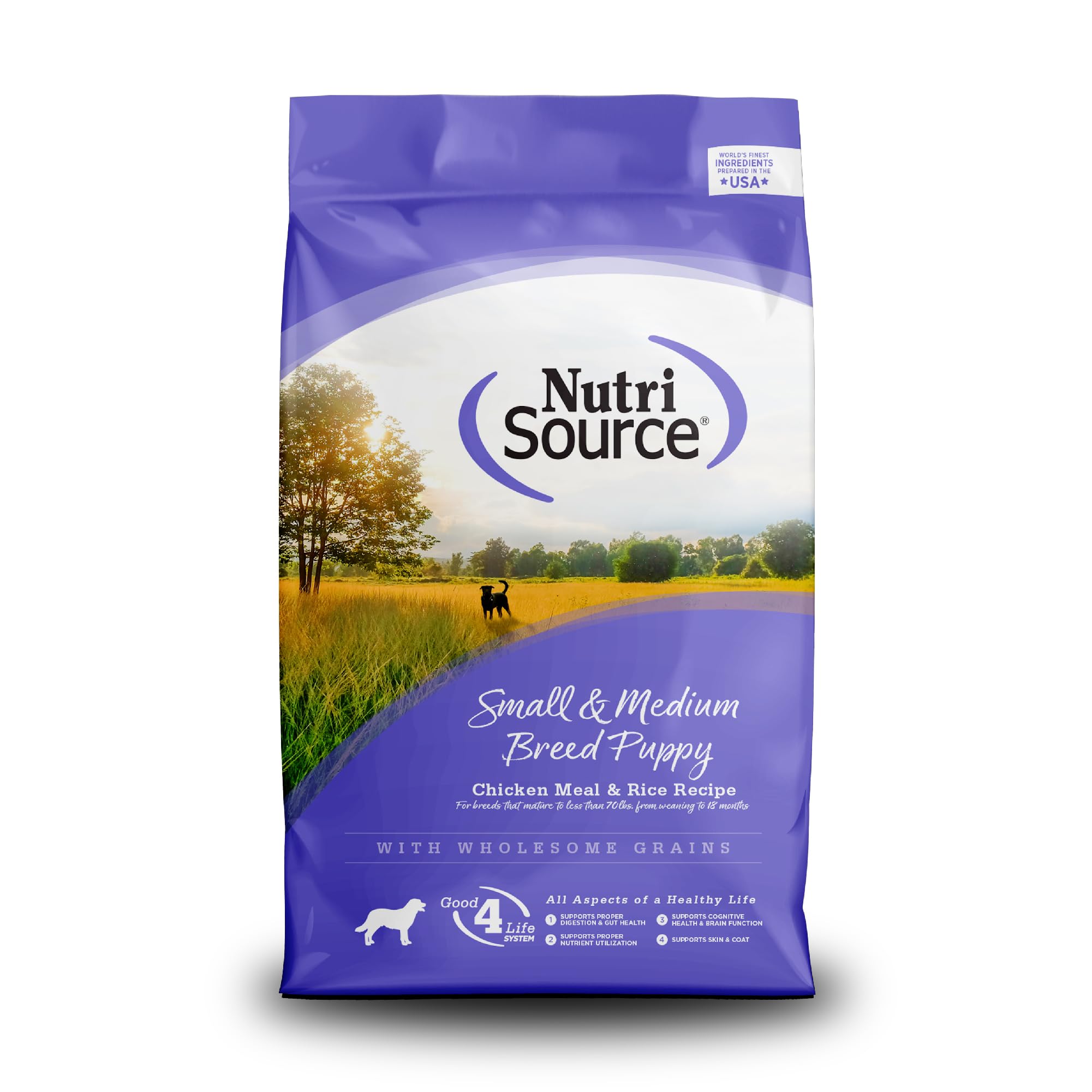 NutriSource puppy food bag 12lb shown, convenient feeding for small to medium breeds.