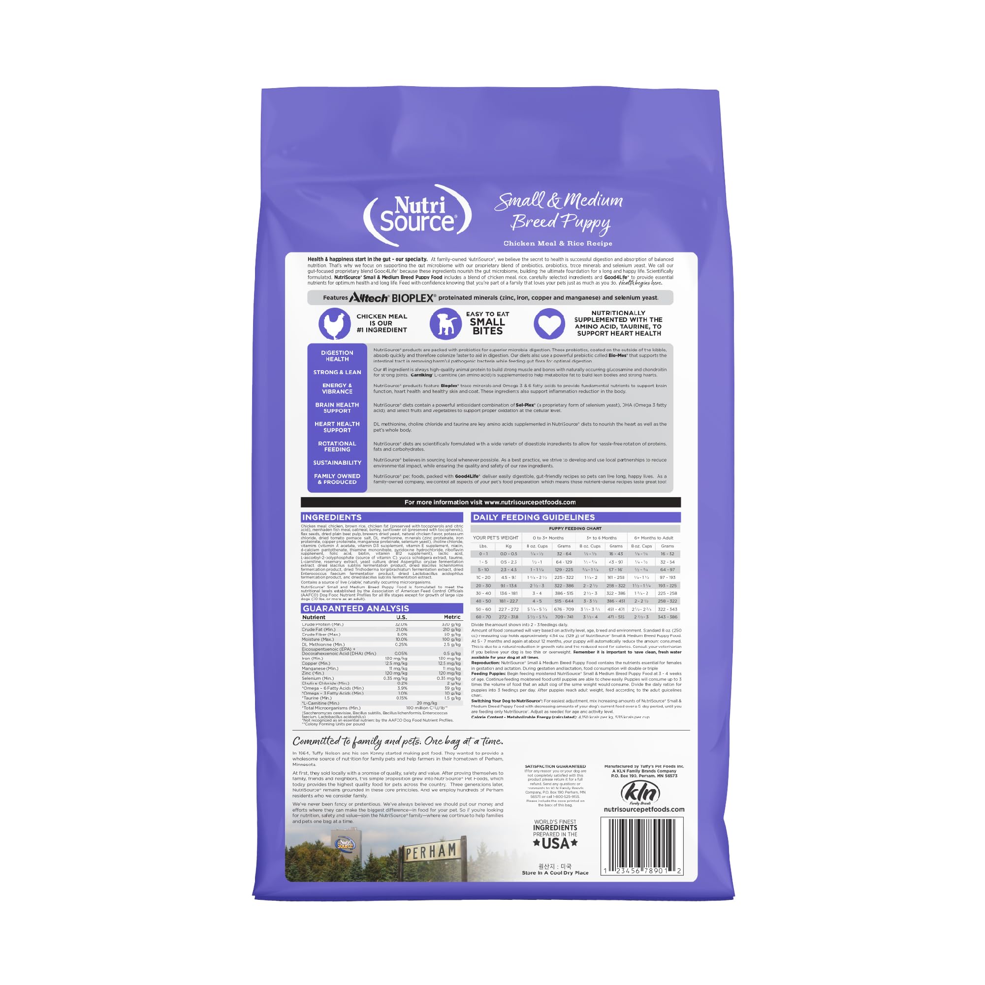 NutriSource kibble close-up highlighting grain-inclusive formula designed for growing puppies, supporting steady energy.