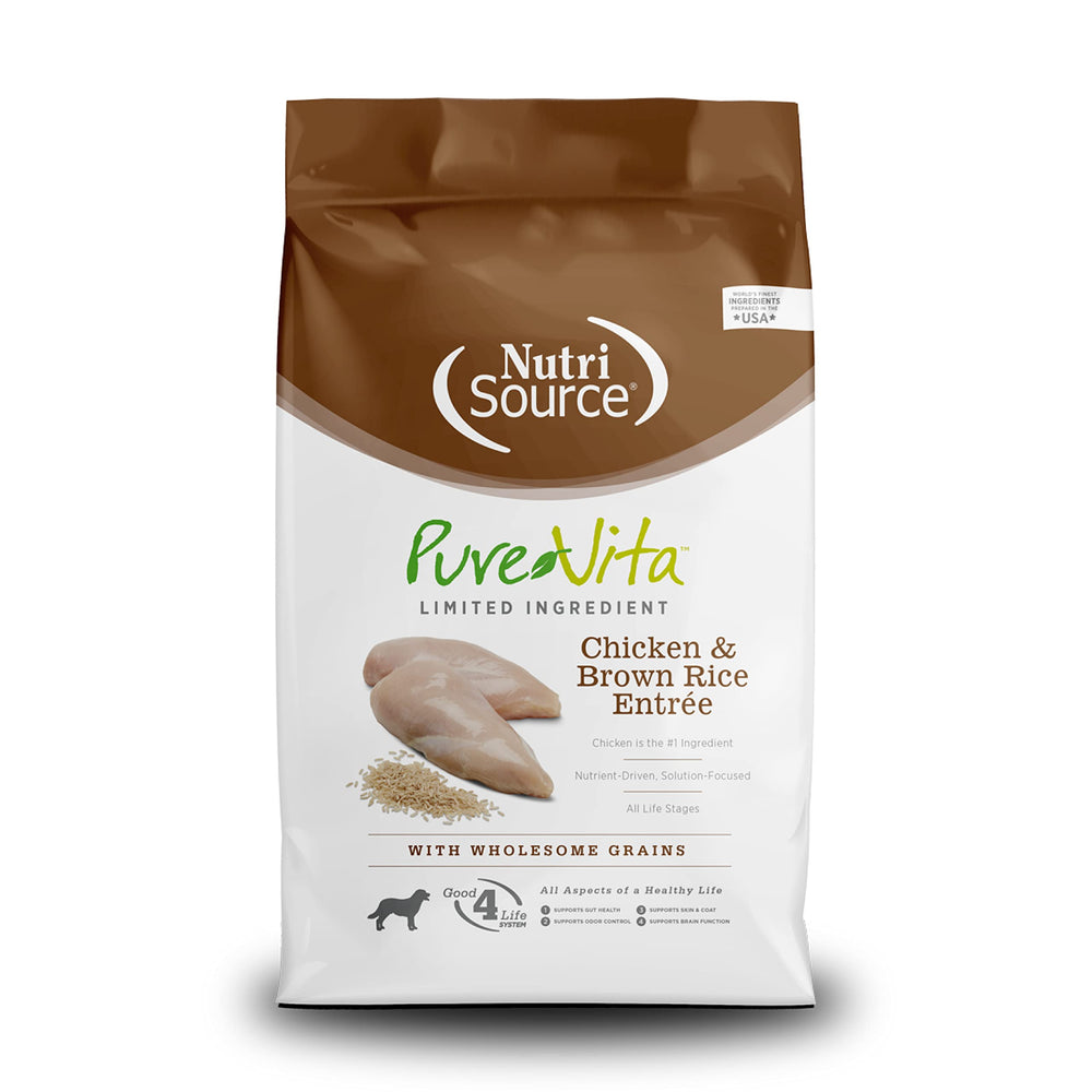 NutriSource Pure Vita bag front featuring real chicken and brown rice for dogs.