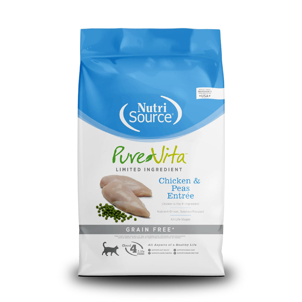 NutriSource Pure Vita cat food bag with real chicken and peas for grain-free nutrition