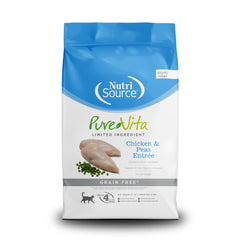 NutriSource Pure Vita cat food bag with real chicken and peas for grain-free nutrition