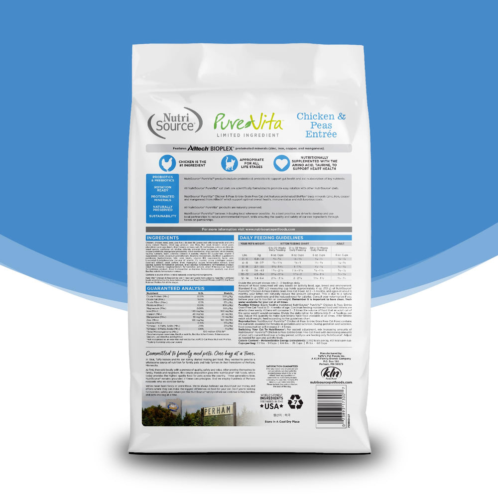 NutriSource Pure Vita grain-free kibble close-up highlighting chicken flavor