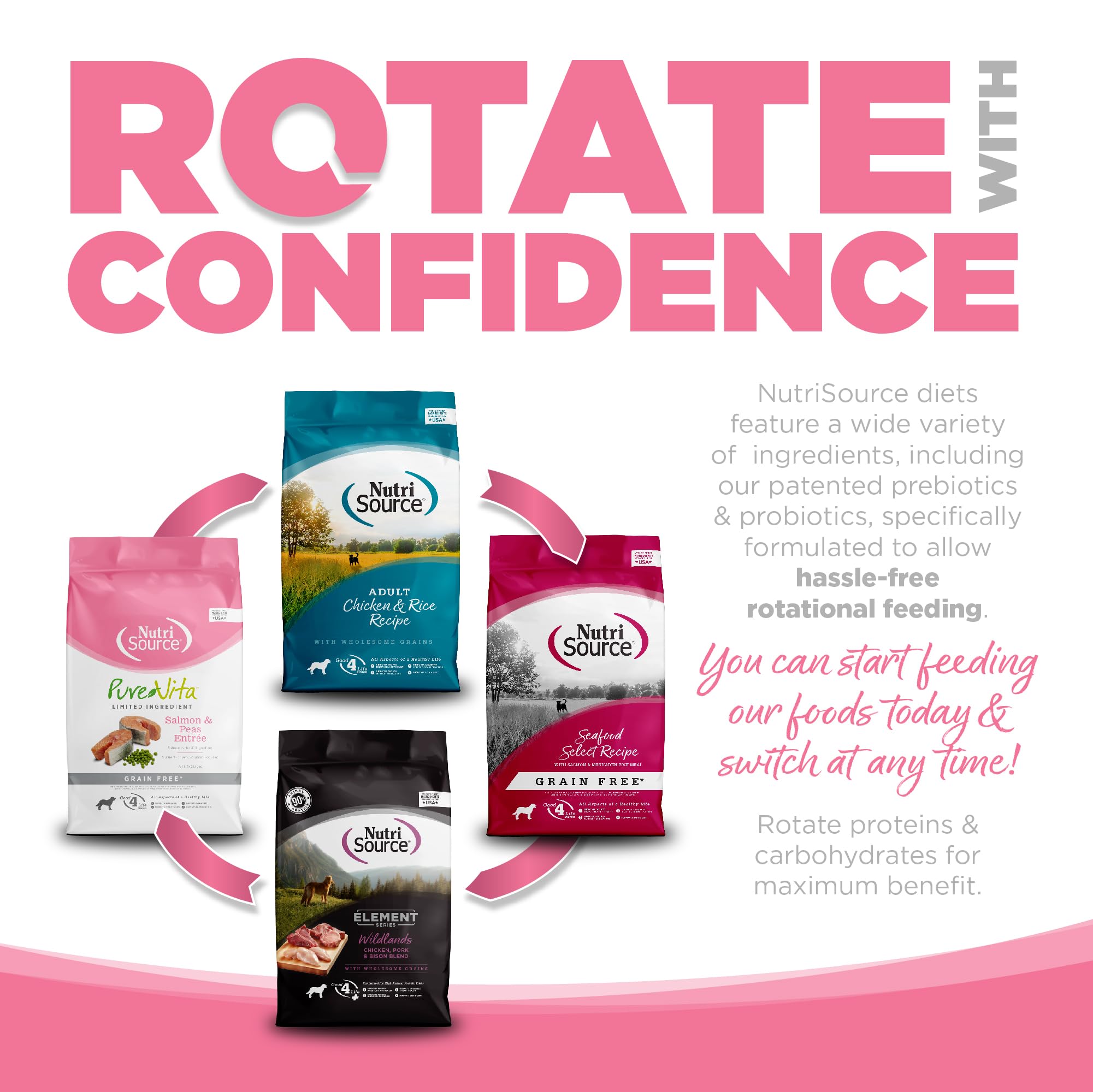 NutriSource Pure Vita nutritional blend with omega fatty acids and essential nutrients supporting vitality.